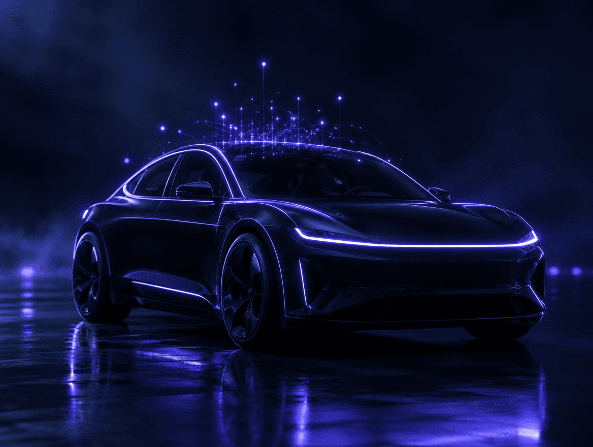 A car in a dark garage outlined in violet light