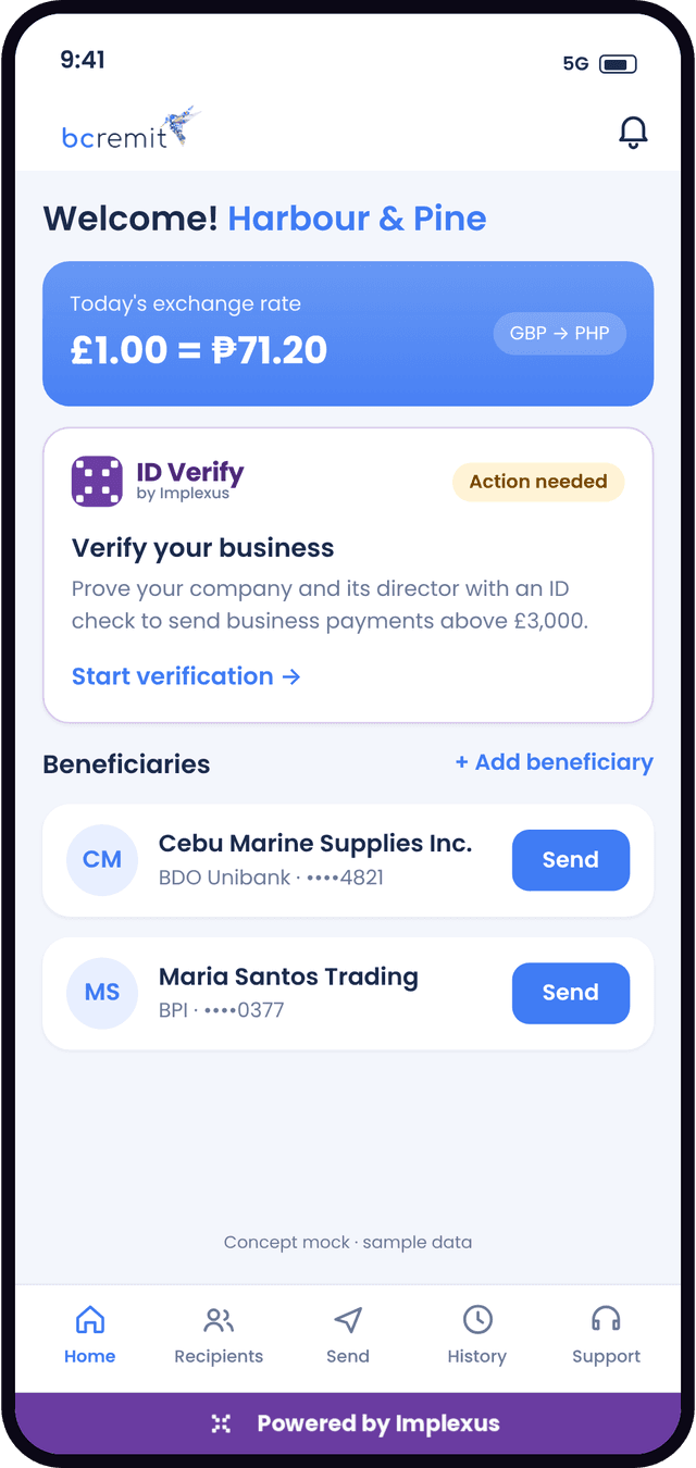 BCRemit app home screen with the ID Verify by Implexus tile