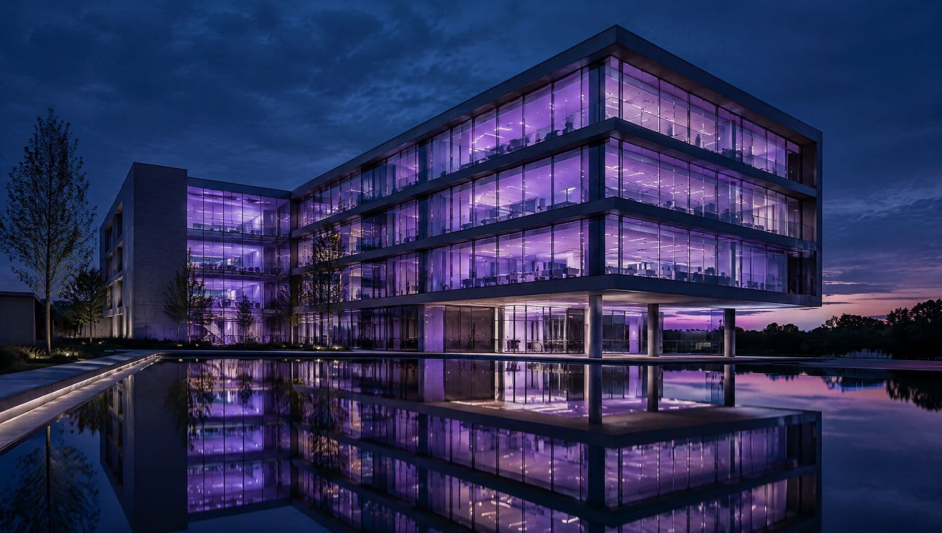 An office building at dusk lit violet from inside
