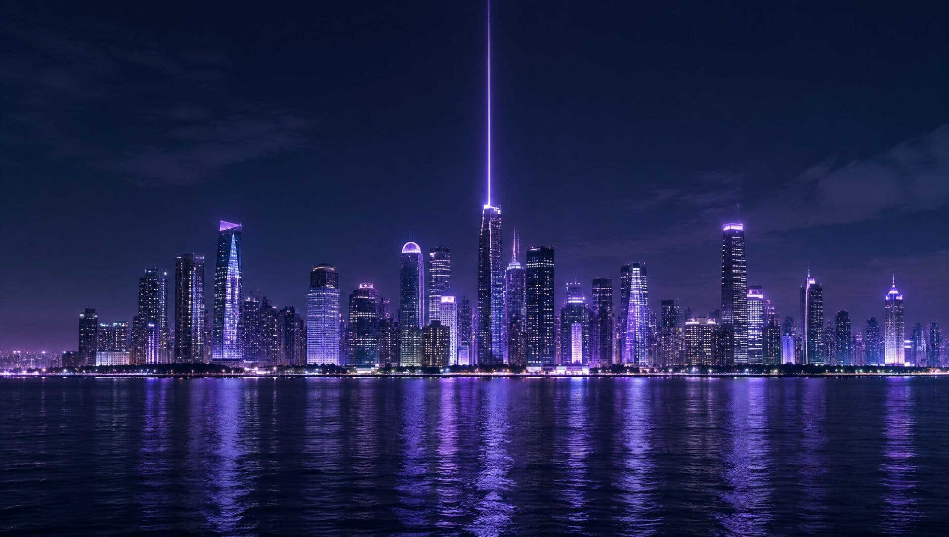 A city skyline at night across water