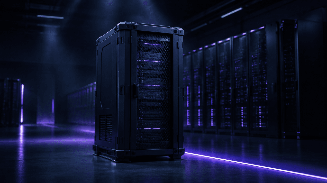 Server cabinets in a dark data hall lit violet