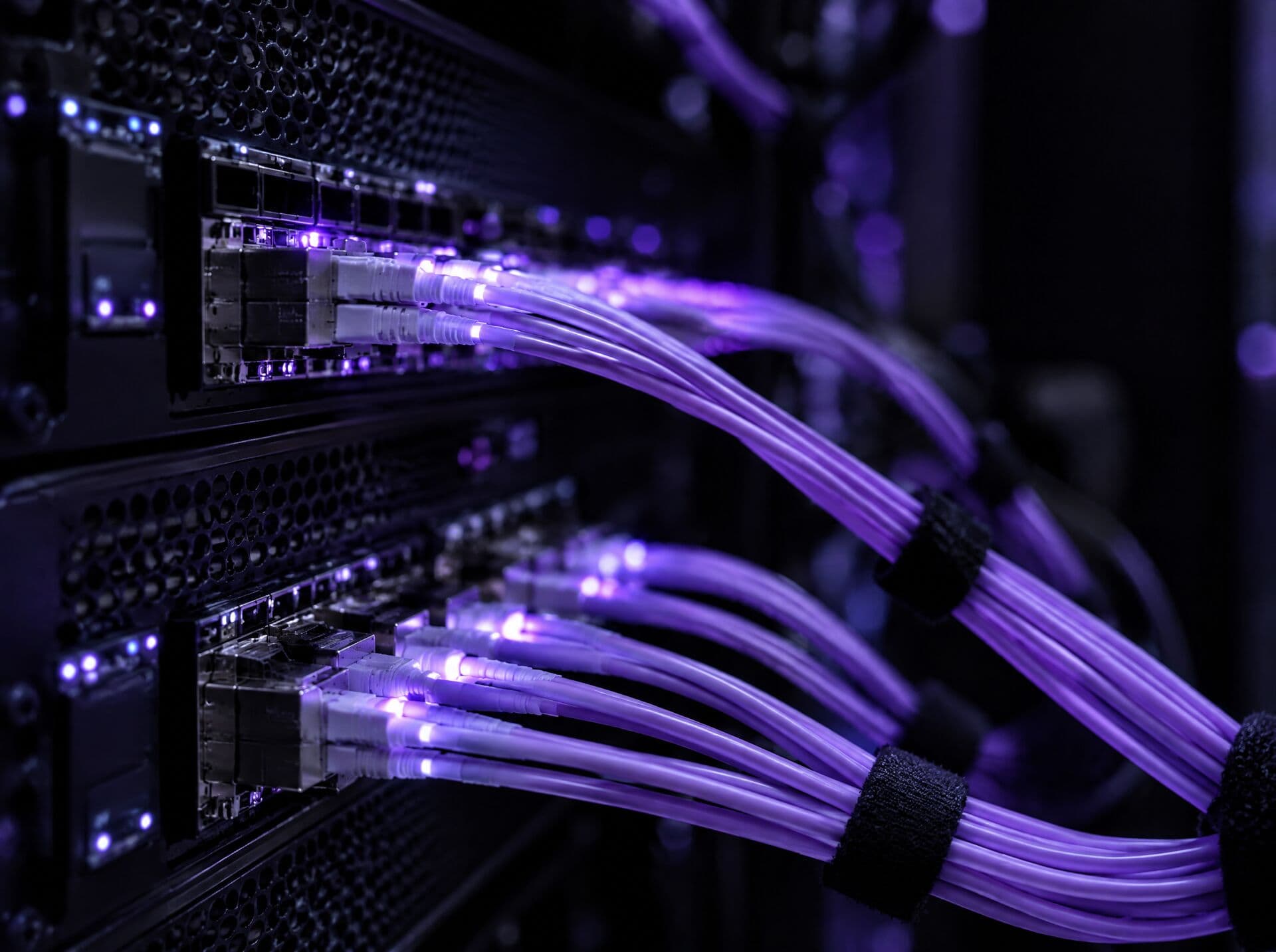 Fibre cables carrying violet light into server ports