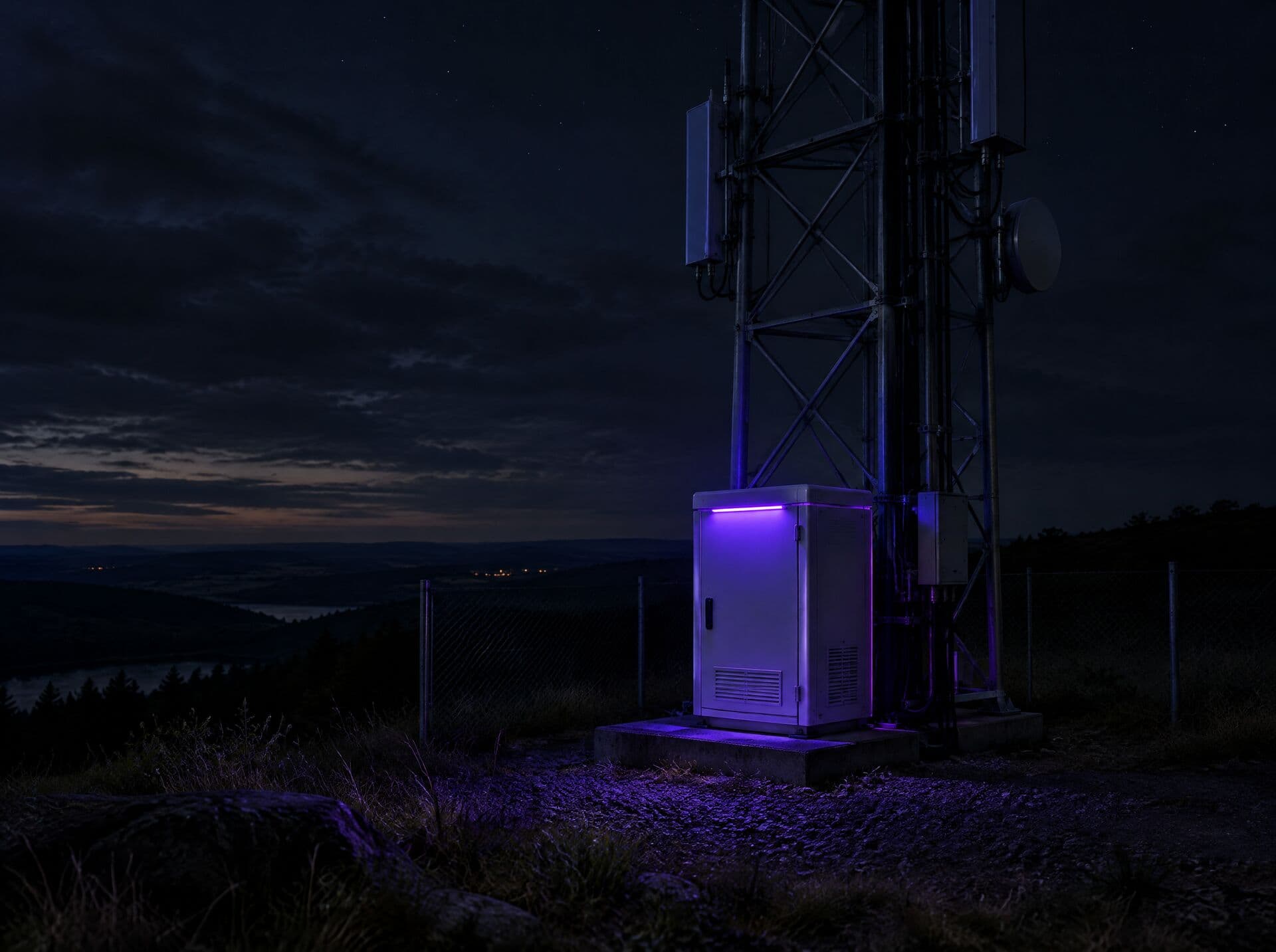 An edge computing cabinet at the foot of a telecom tower