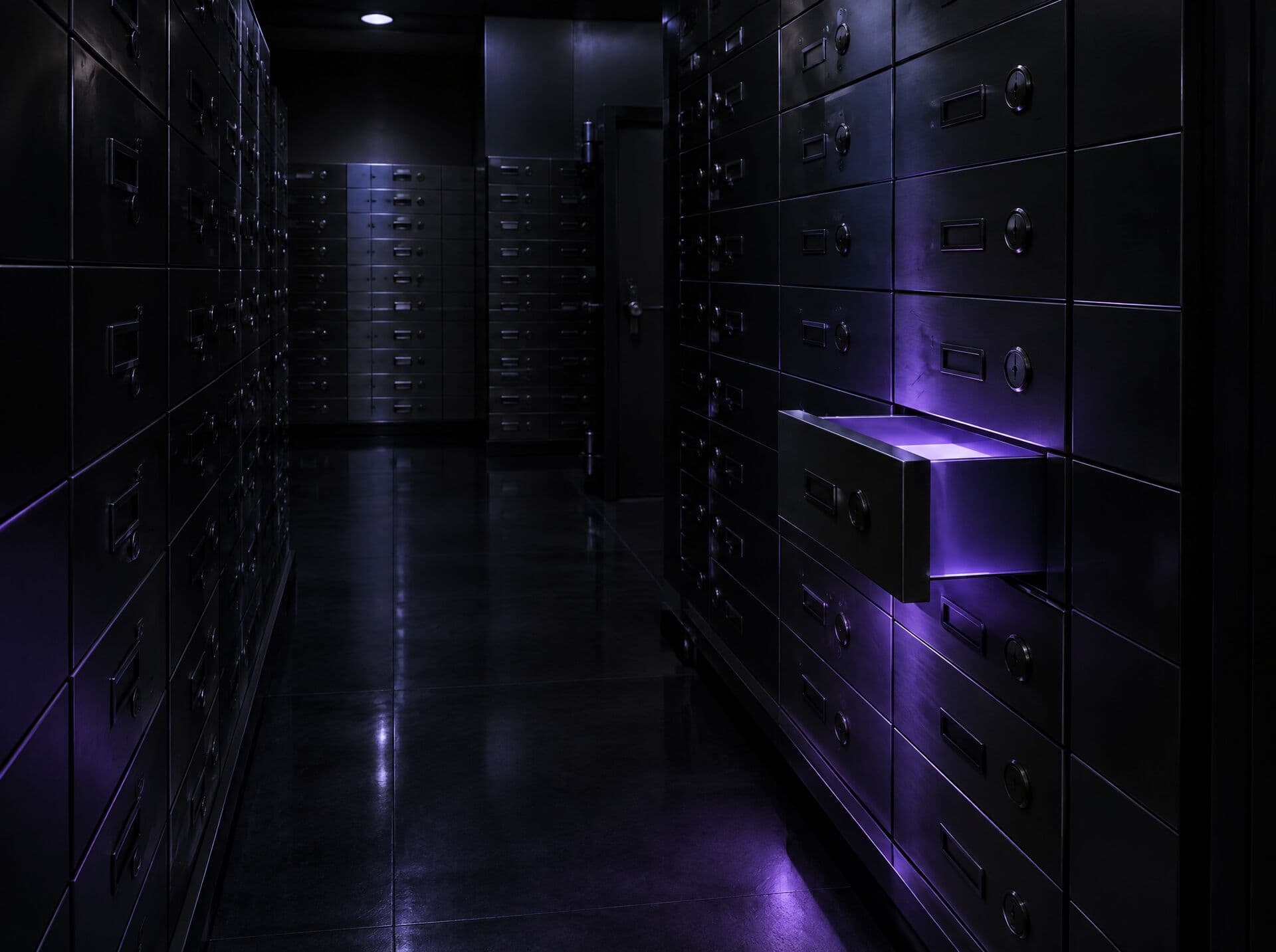 A bank archive of steel drawers, one glowing