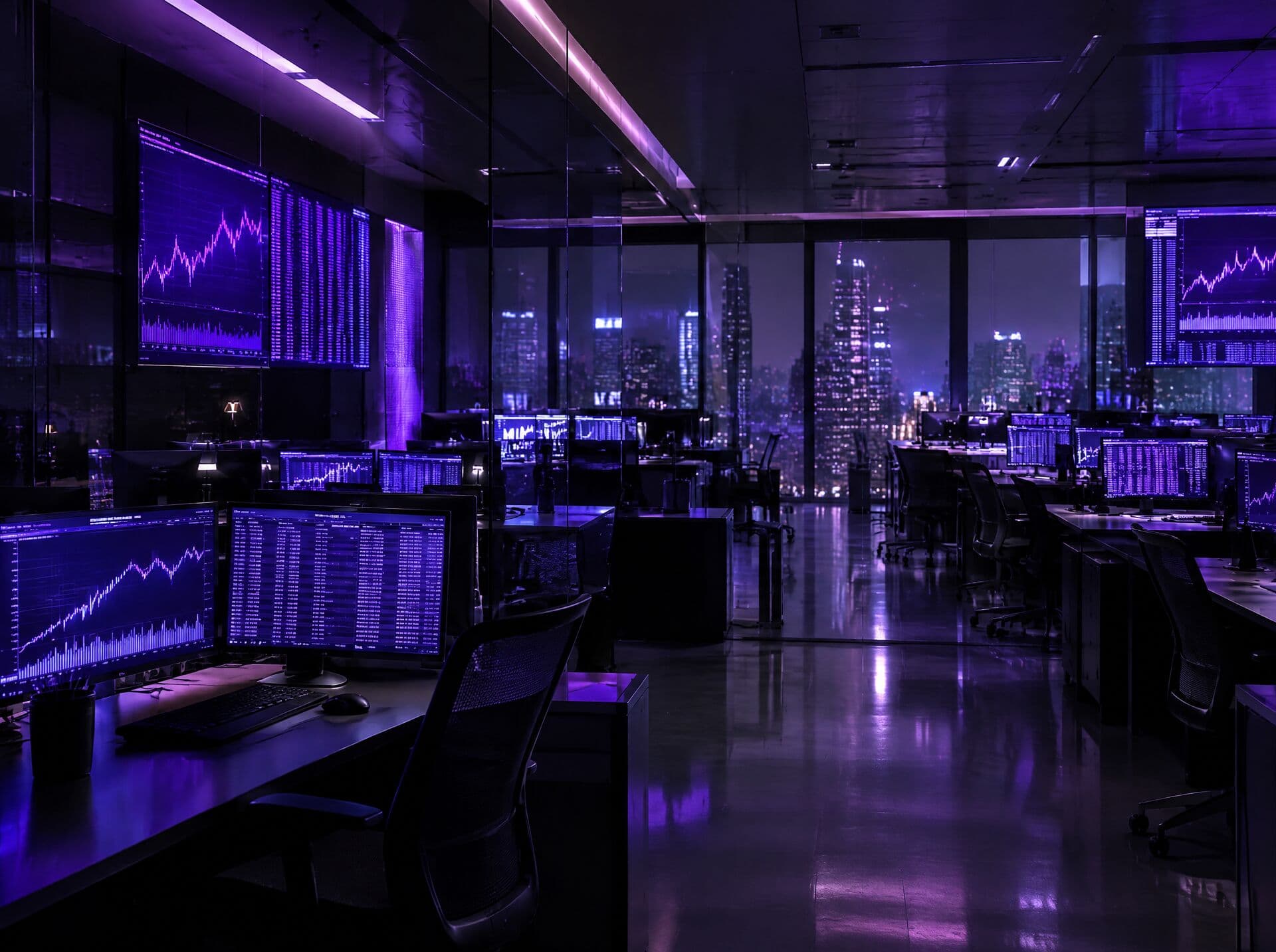 An empty trading floor with screens of charts