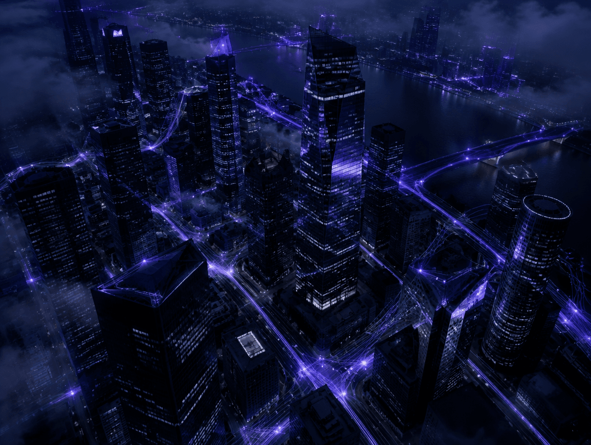 A city at night seen from above, threaded with violet light