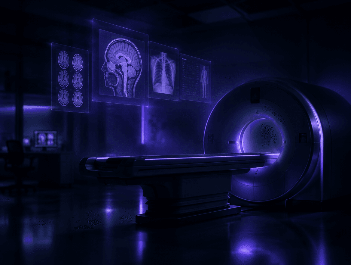A hospital imaging room with a scanner and image screens