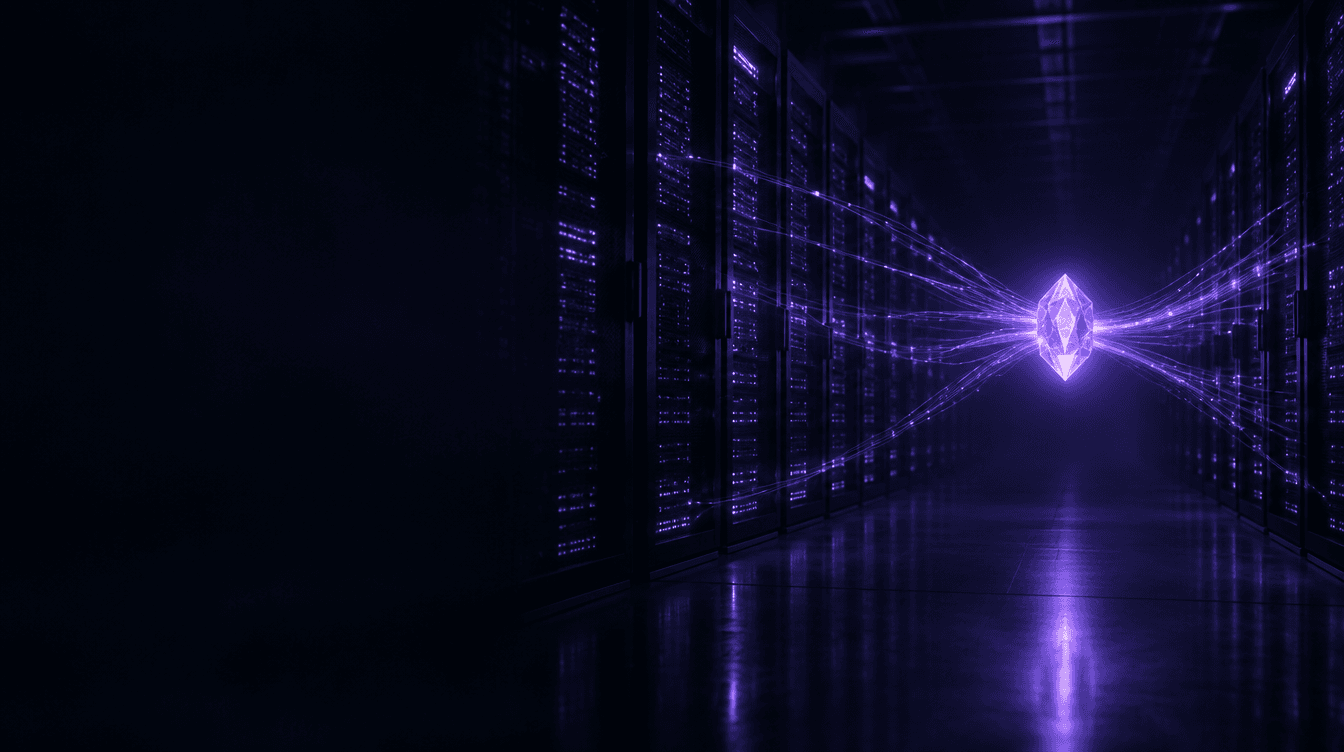 A data hall of server racks drawing into a single violet descriptor