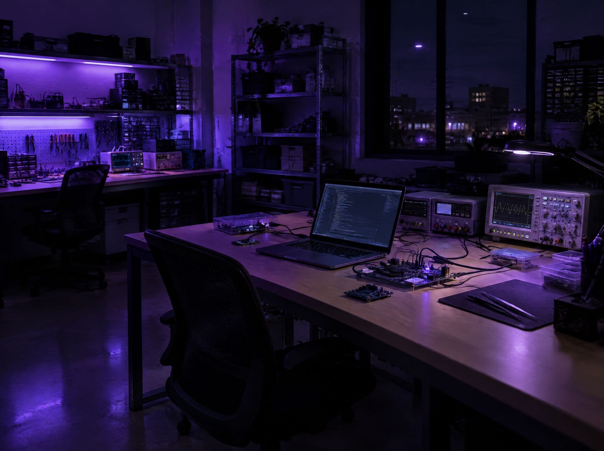 An engineering lab bench with development boards