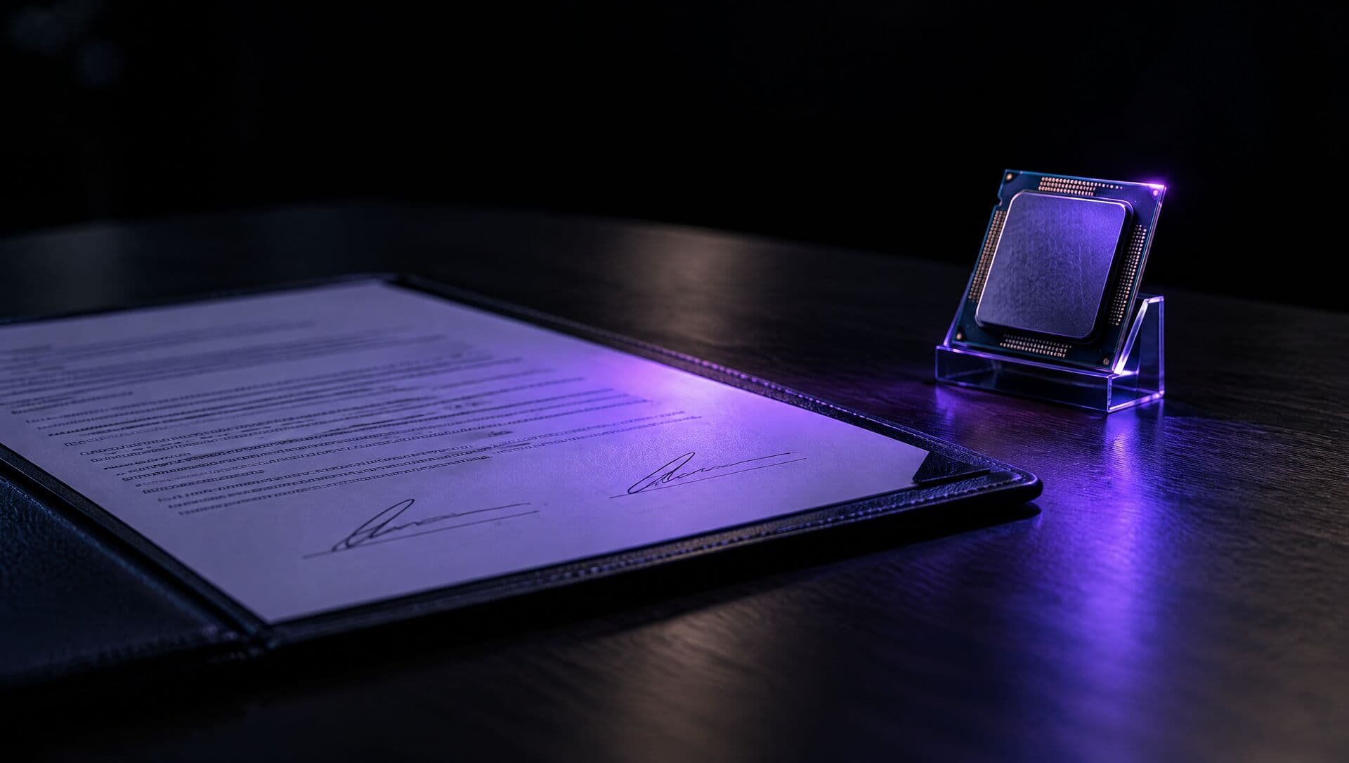 An agreement folder beside a glowing chip