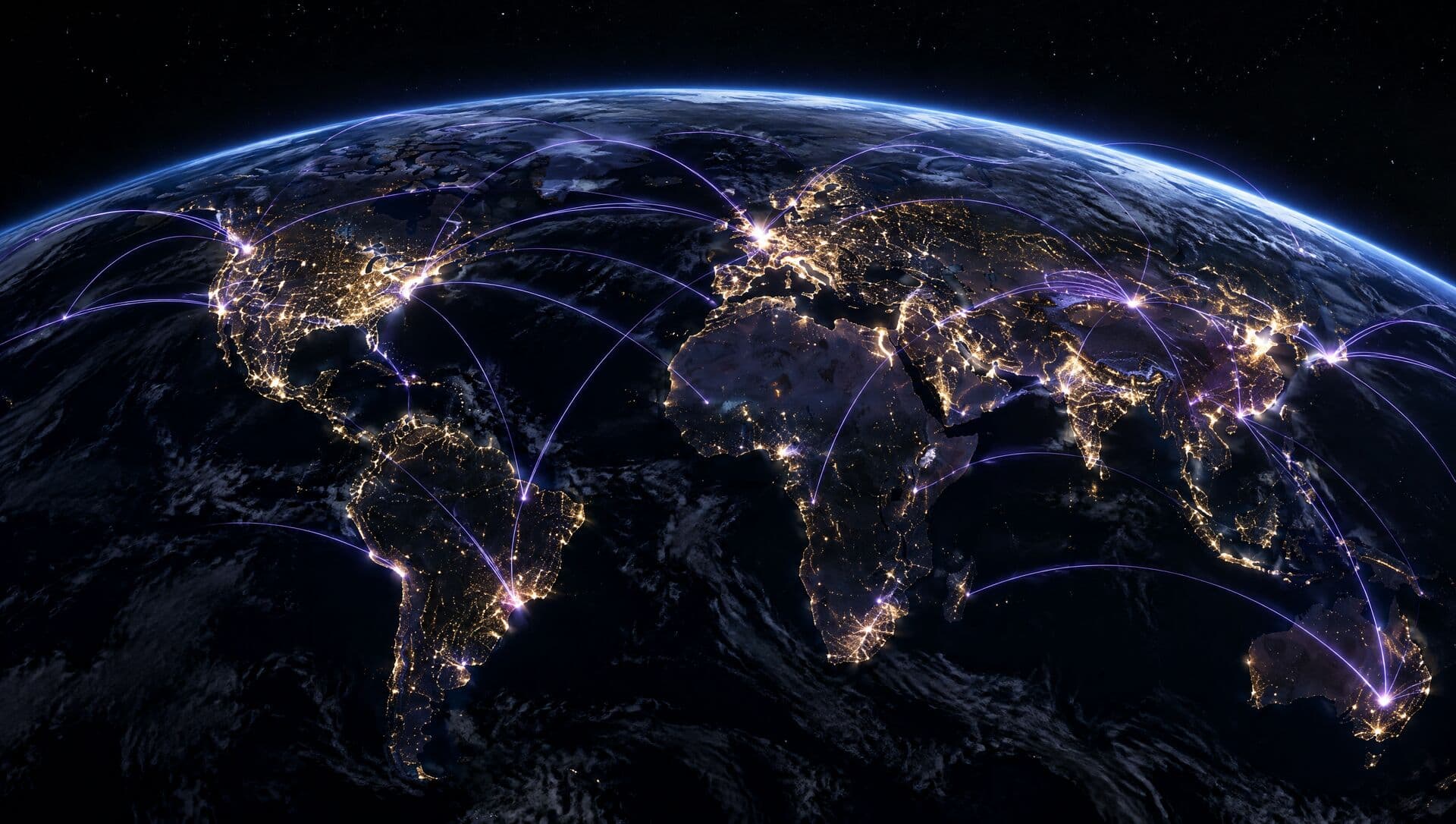 The Earth at night with arcs of light between cities