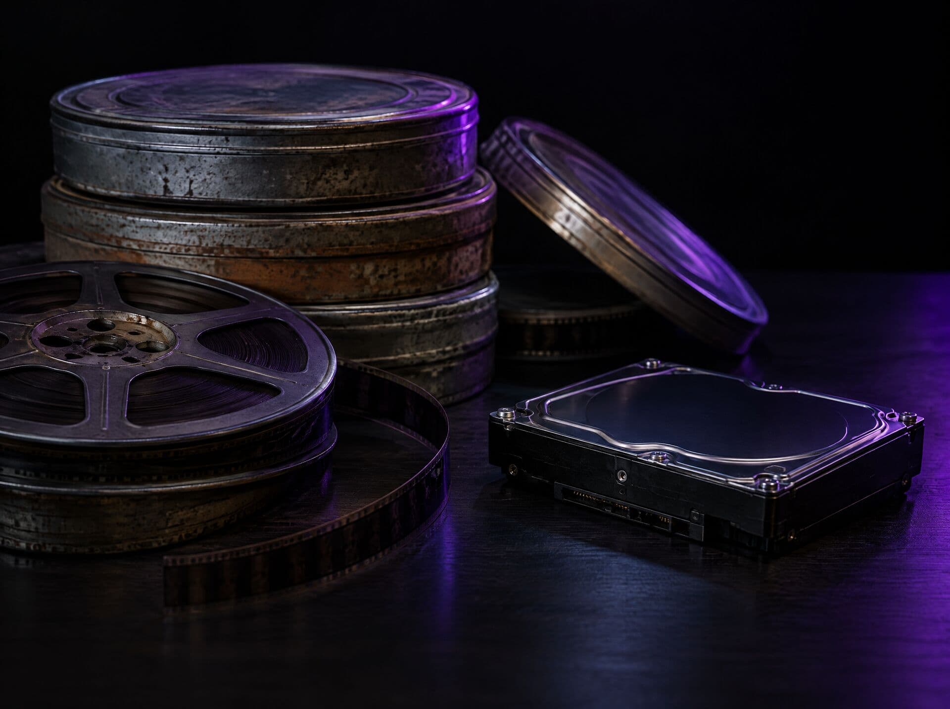 Film canisters beside a modern hard drive