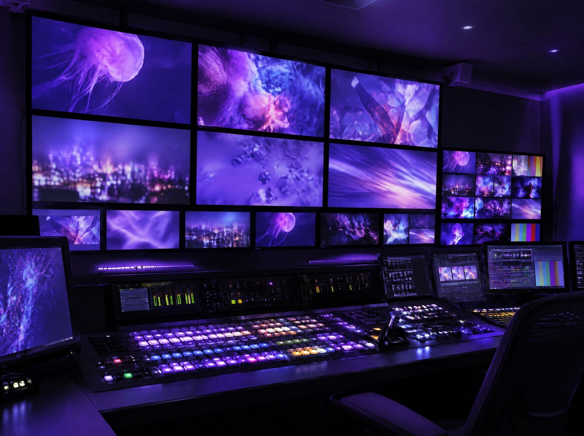 A broadcast control room with a wall of monitors