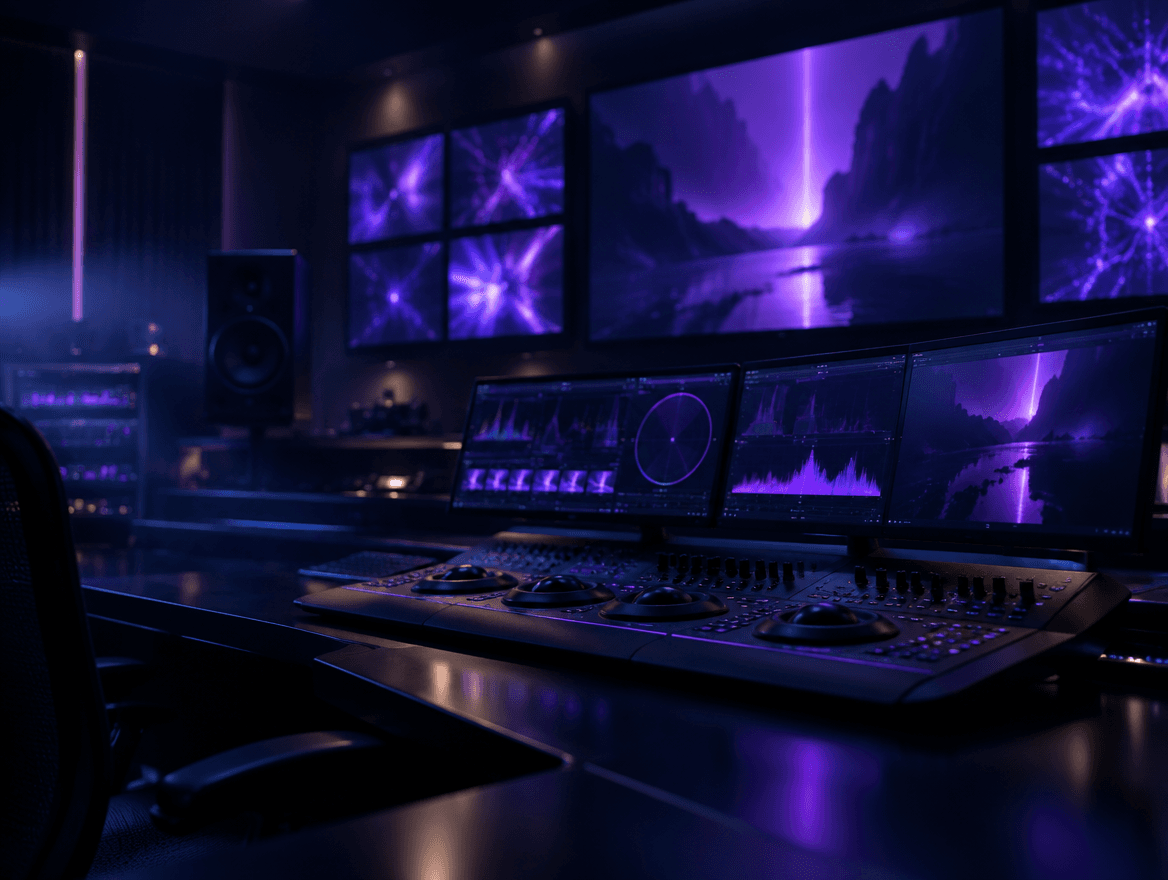 A media editing suite with wall screens