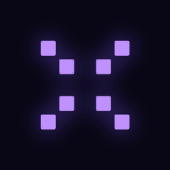 Animated Implexus mark: eight violet squares in an X closing to one square and opening again